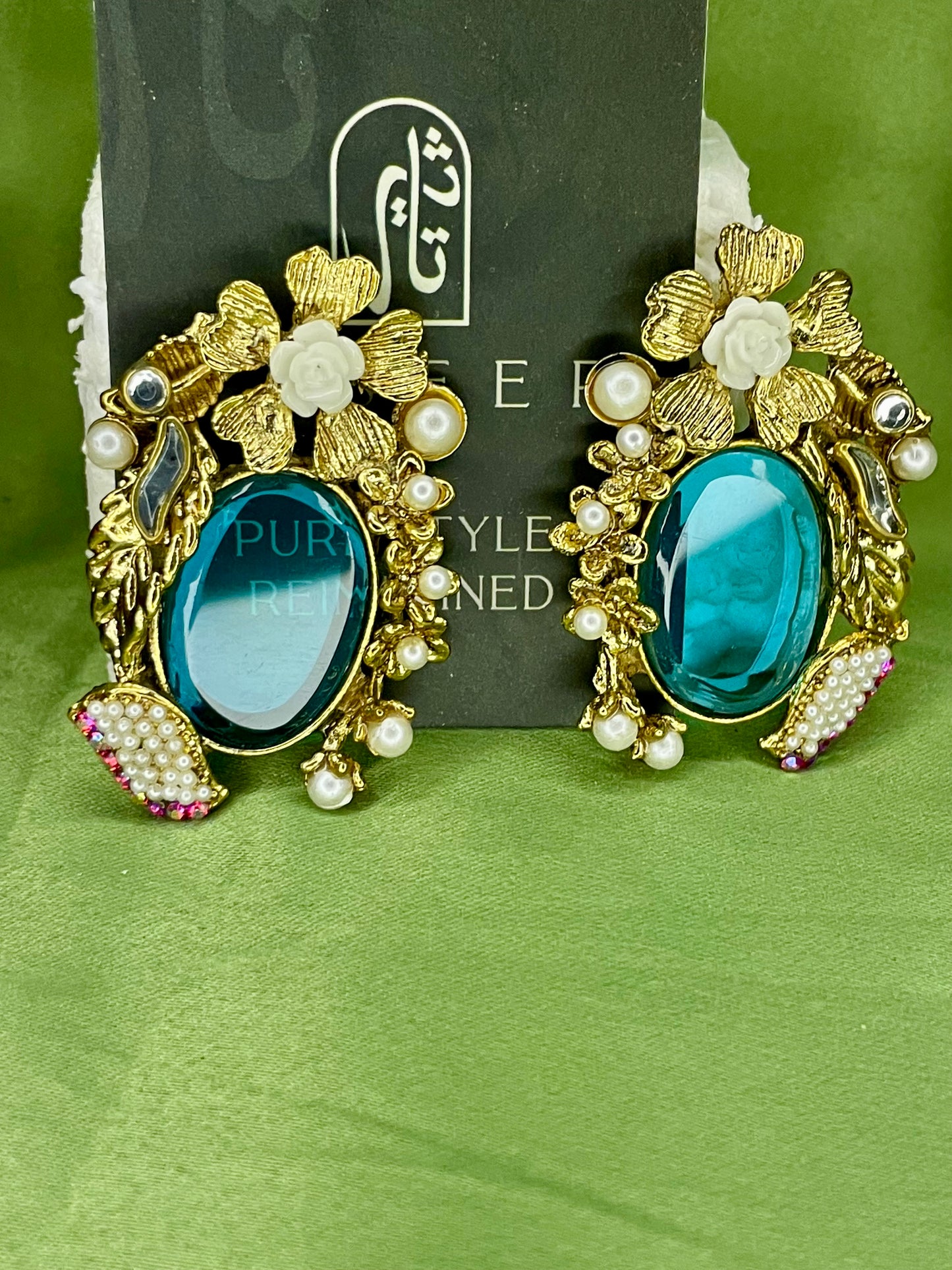 Earrings - Turkish Stones Ovl Floral Studs - Pale Blue