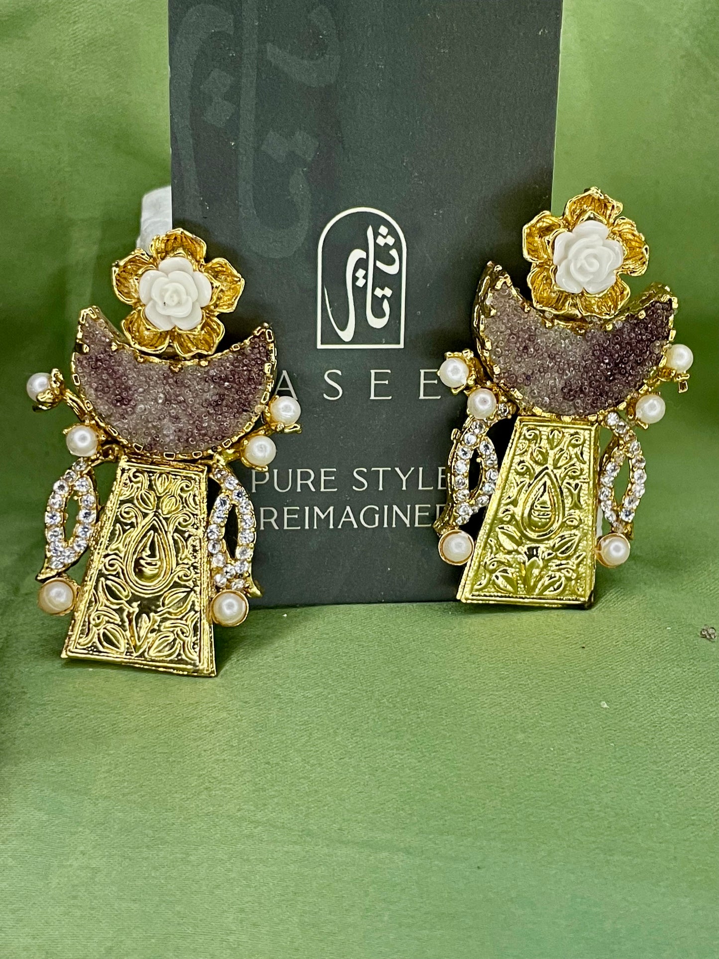 Earrings - Moon Crushed Stones - Egyptian Style - Brown