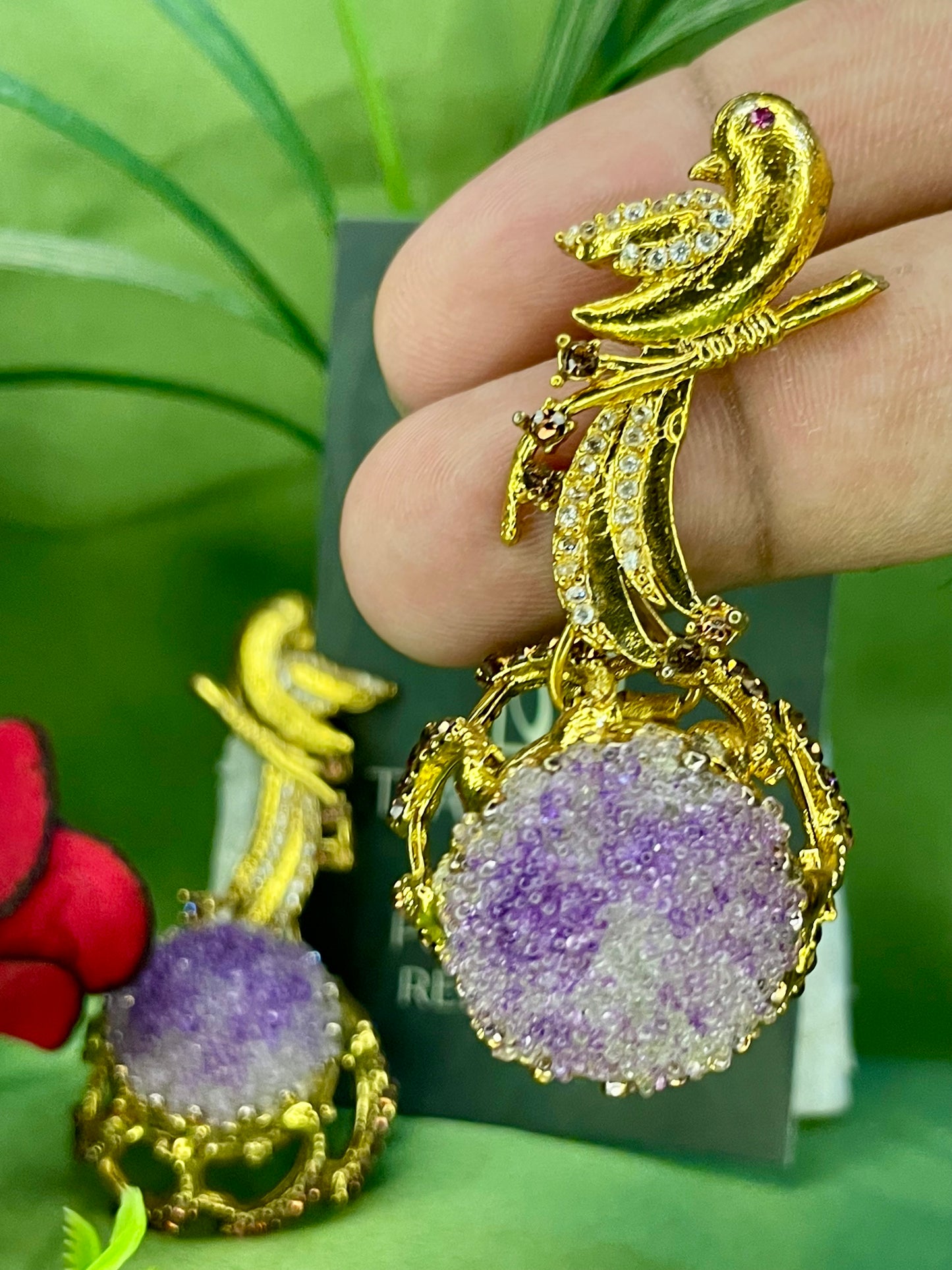 Earrings - Parrot Crushed Stones Long Earrings - Purple