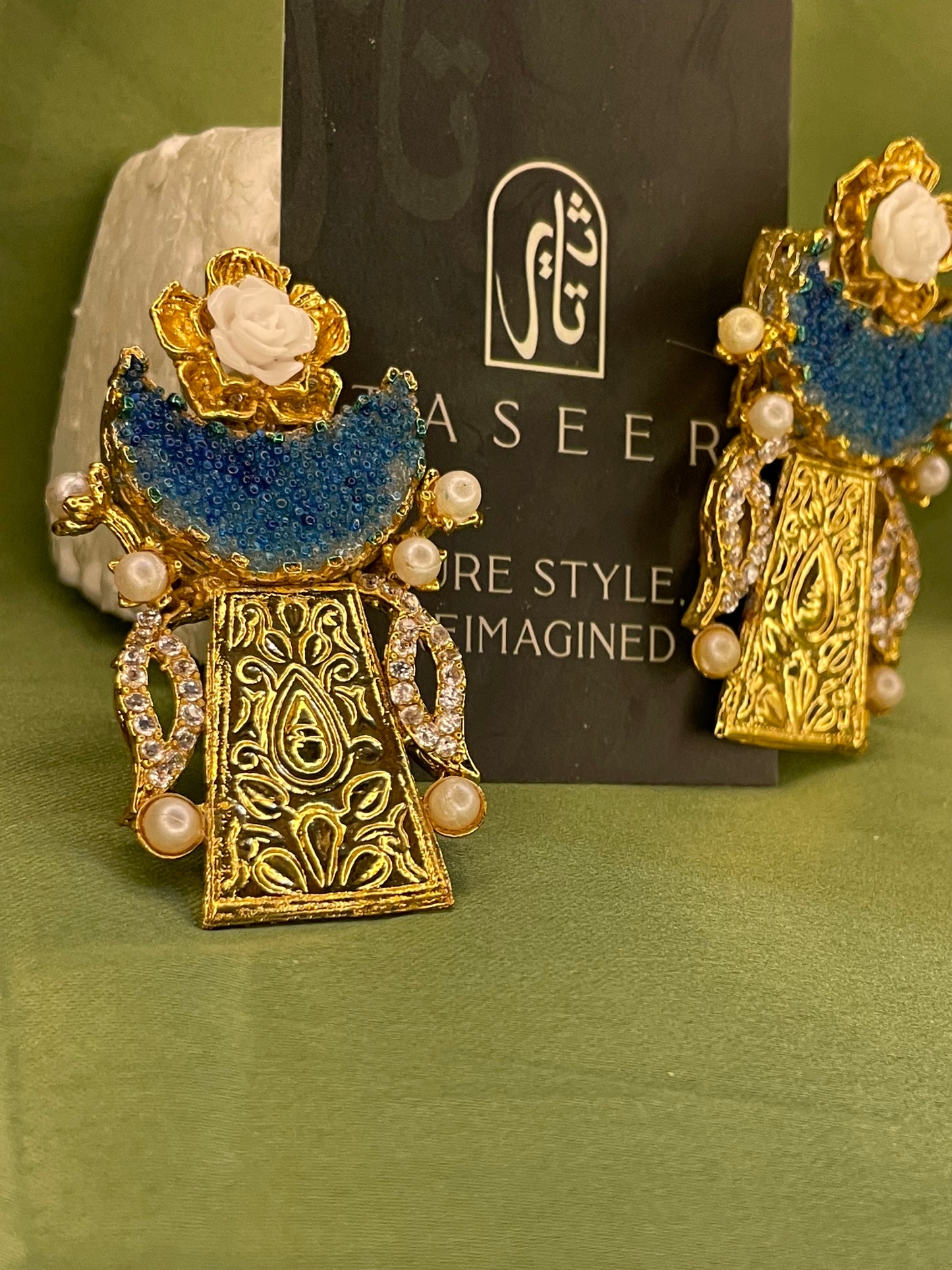 Earrings - Moon Crushed Stones - Egyptian Style - Pale Blue