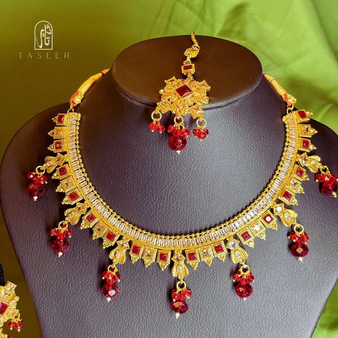 Kundan Necklace Set with Jhumka Earrings Red