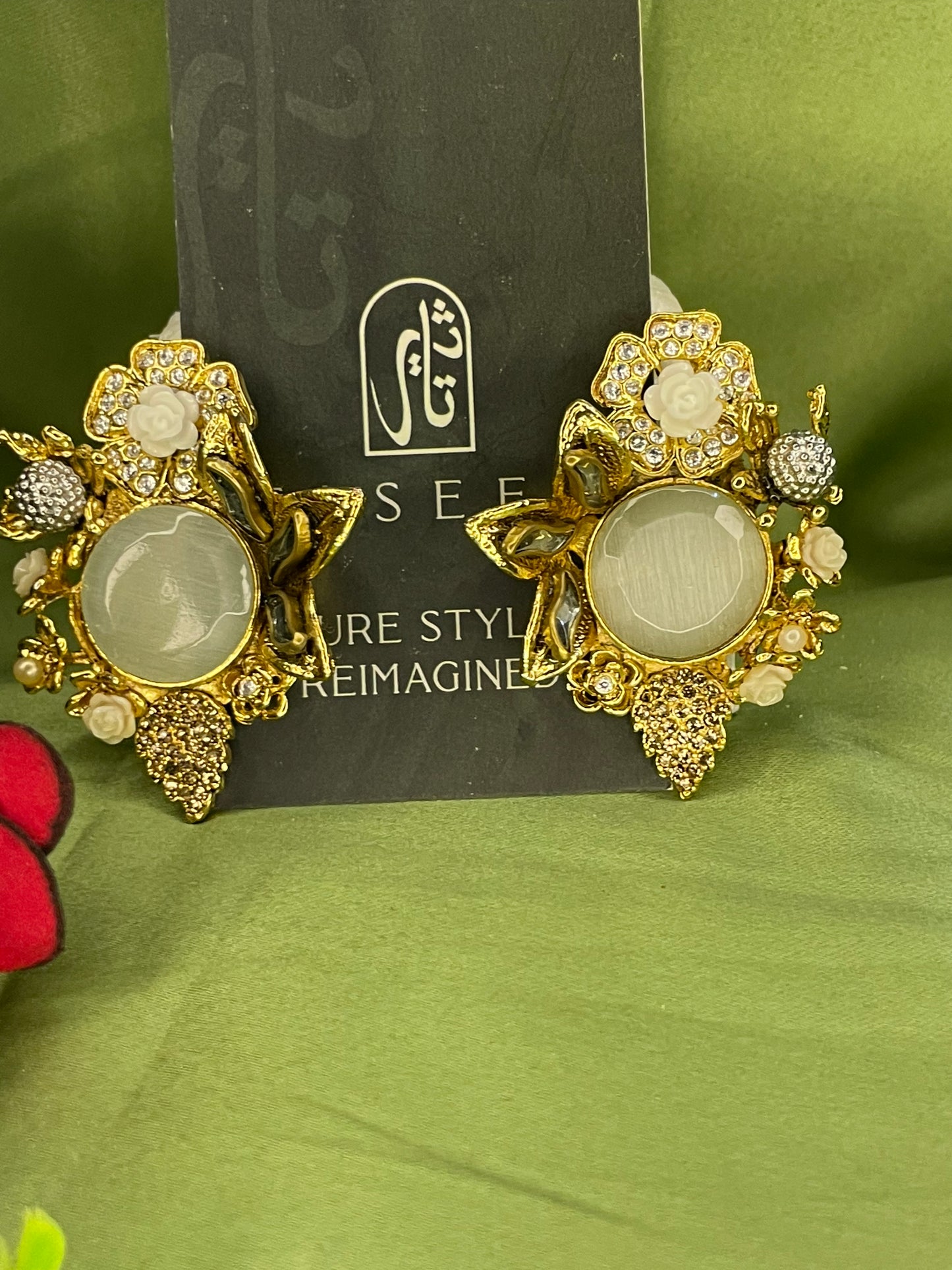 Earrings - Designer Semi Precious Stones Studs - Pearled