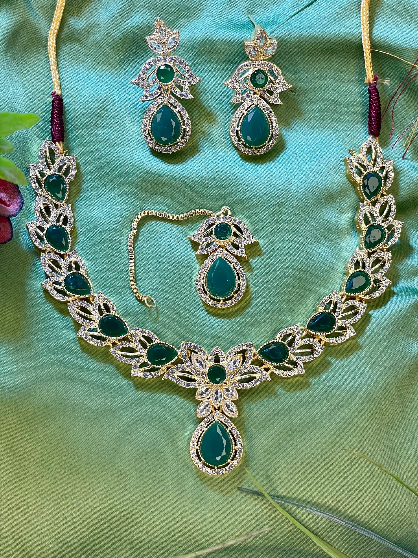 American Diamond Necklace Set - Kanti Set - Green