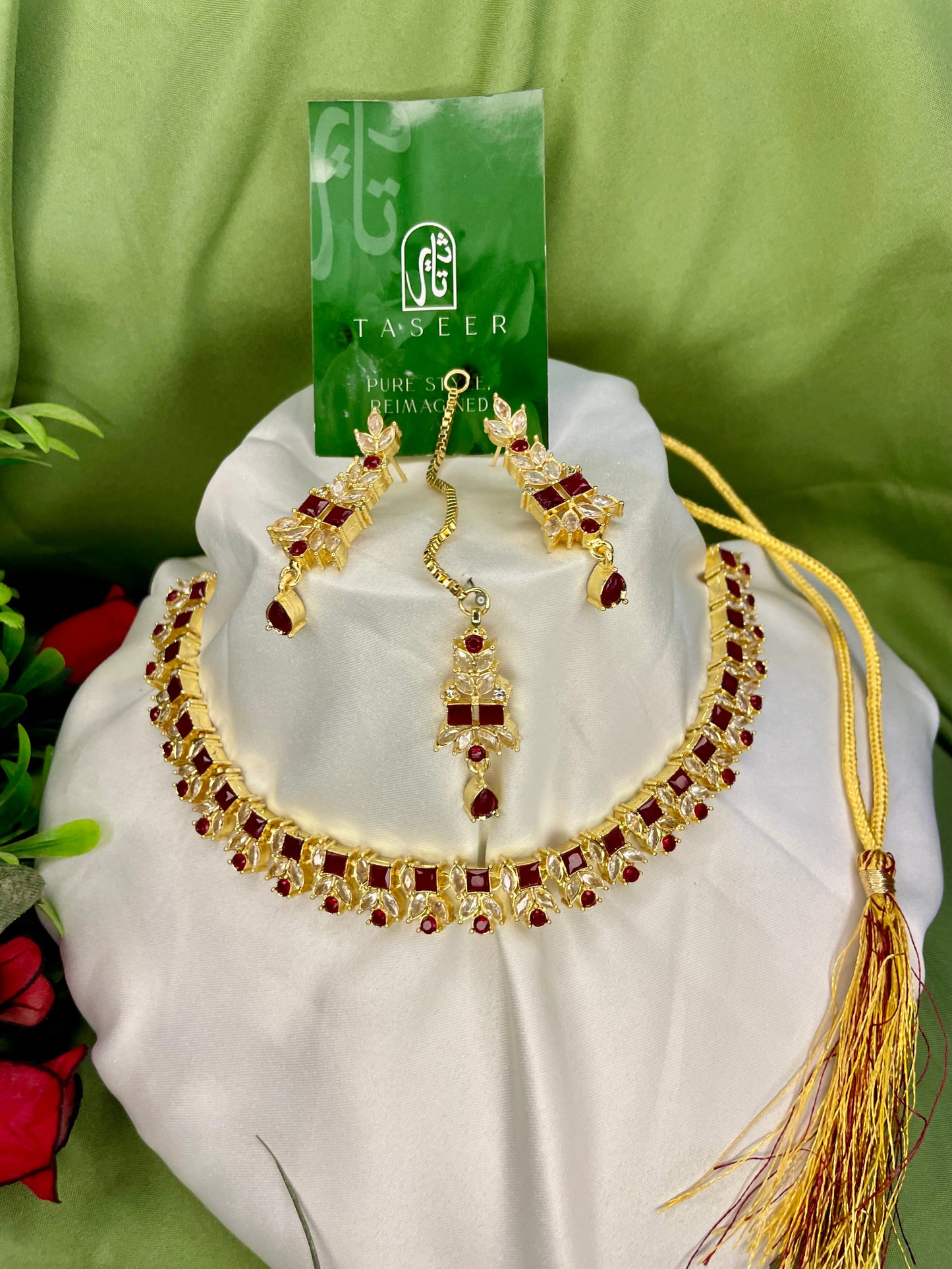 American Diamond Necklace Set - NK024 - Red