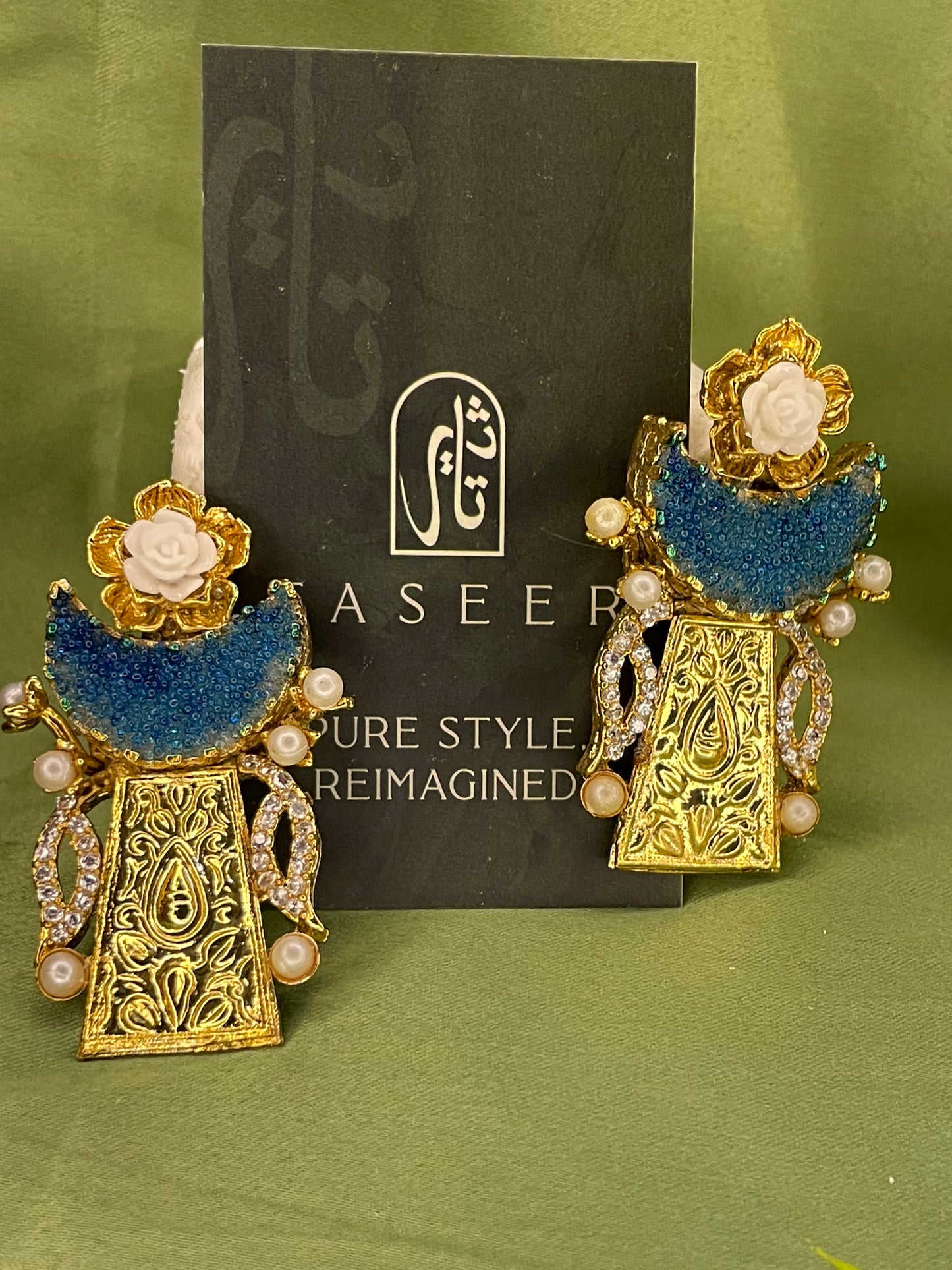 Earrings - Moon Crushed Stones - Egyptian Style - Pale Blue