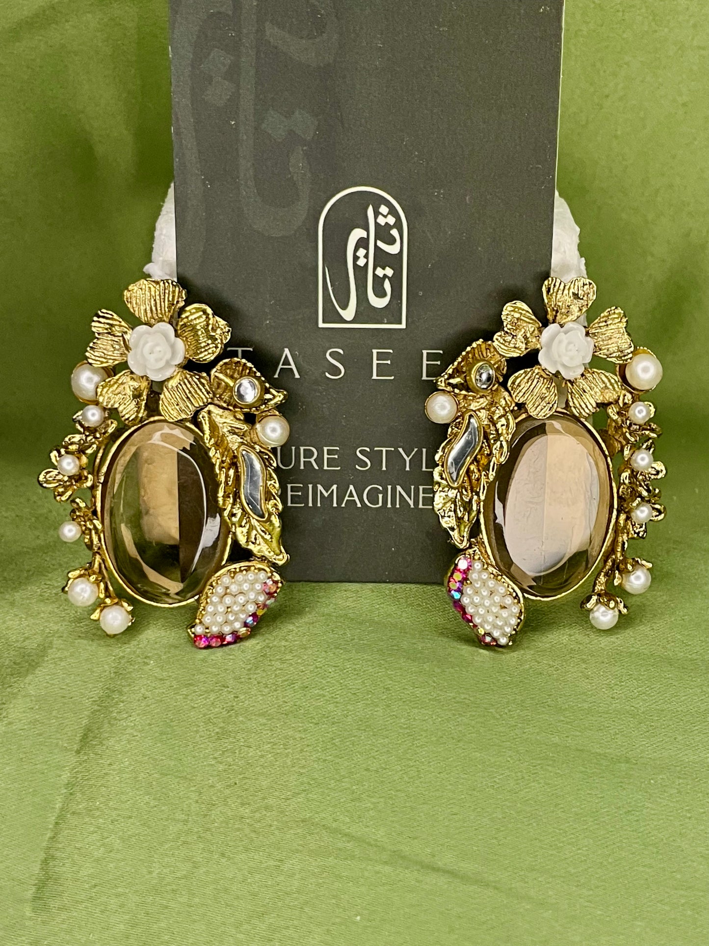 Earrings - Turkish Stones Ovl Floral Studs - Golden
