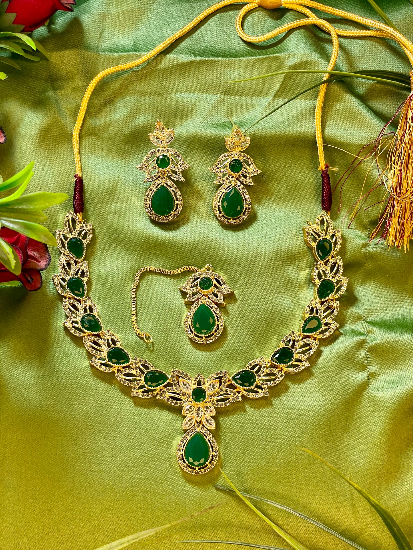 American Diamond Necklace Set - Kanti Set - Green