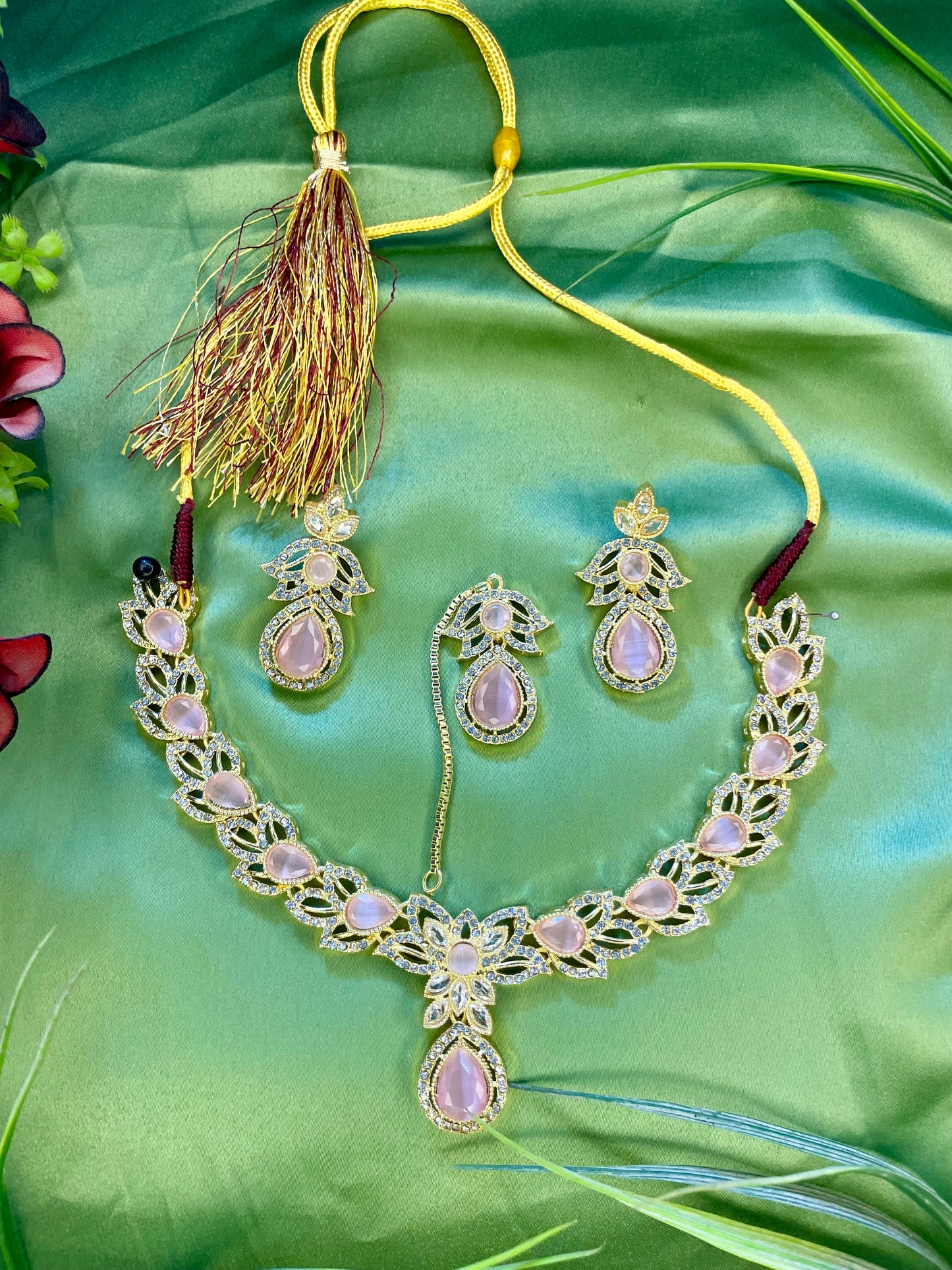 American Diamond Necklace Set - Kanti Set - Golden Pink