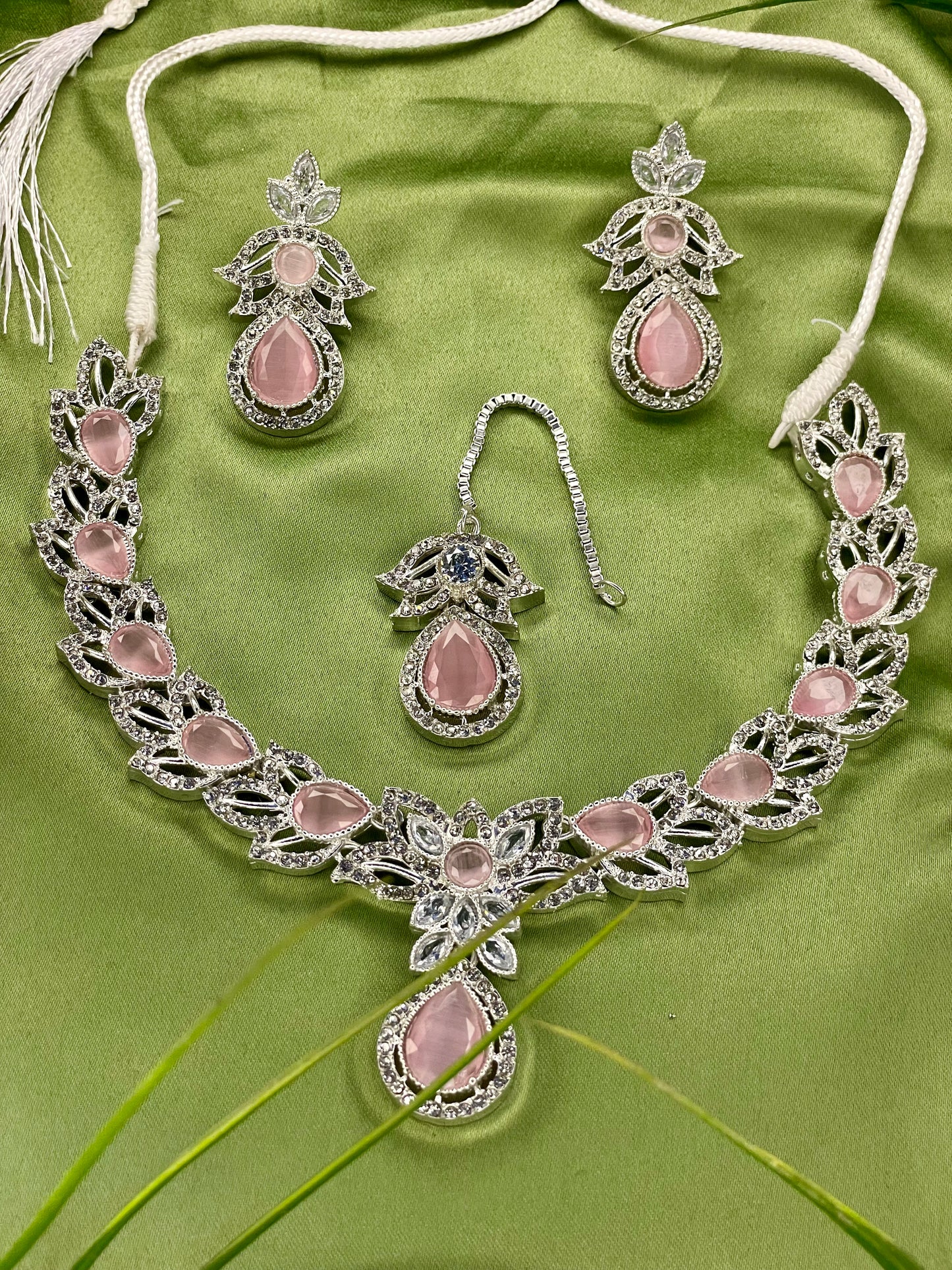 American Diamond Necklace Set - Kanti Set - Silver Pink