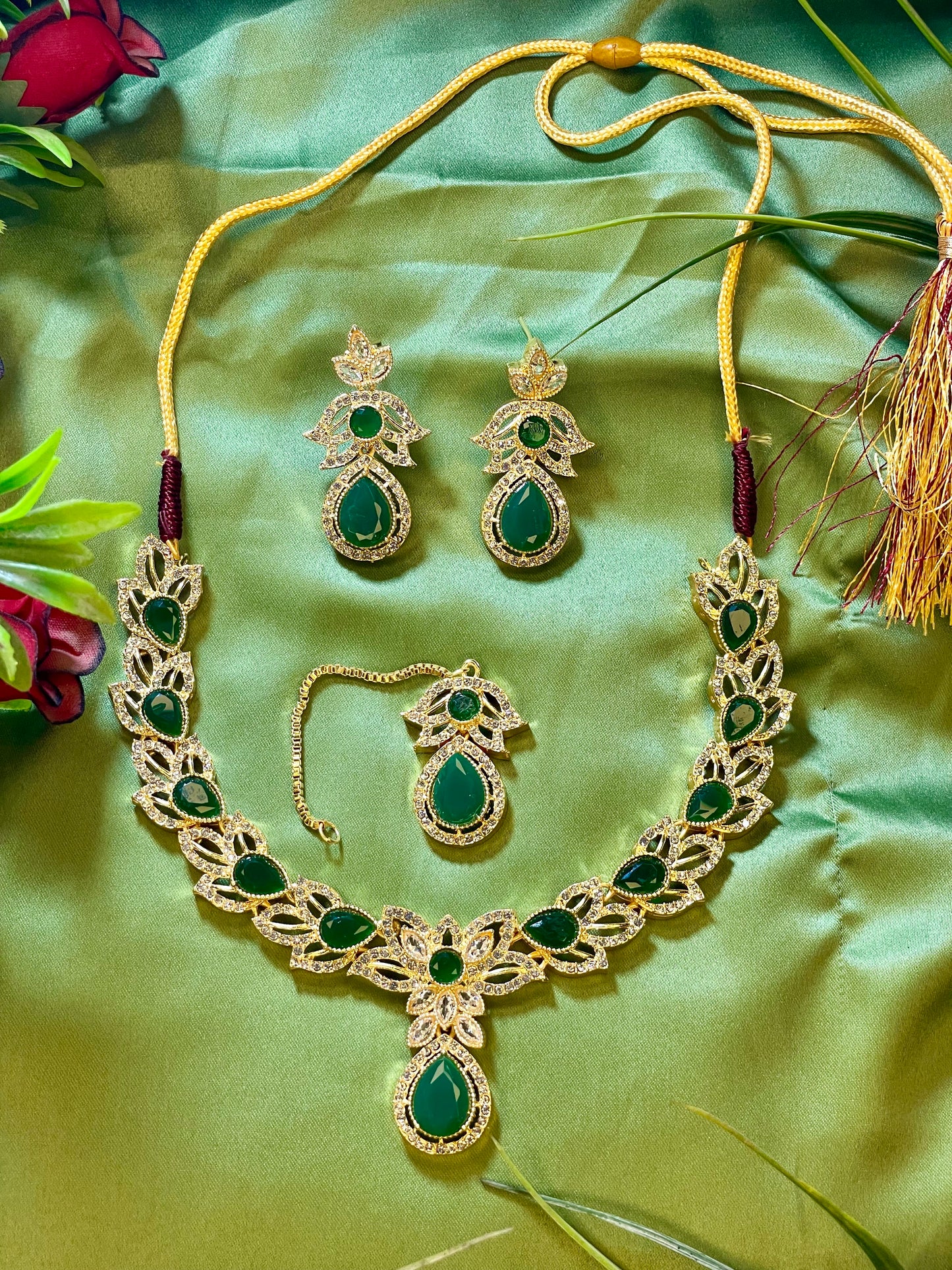 American Diamond Necklace Set - Kanti Set - Green