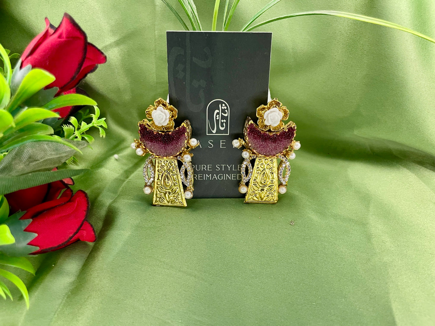 Earrings - Moon Crushed Stones - Egyptian Style - Purple
