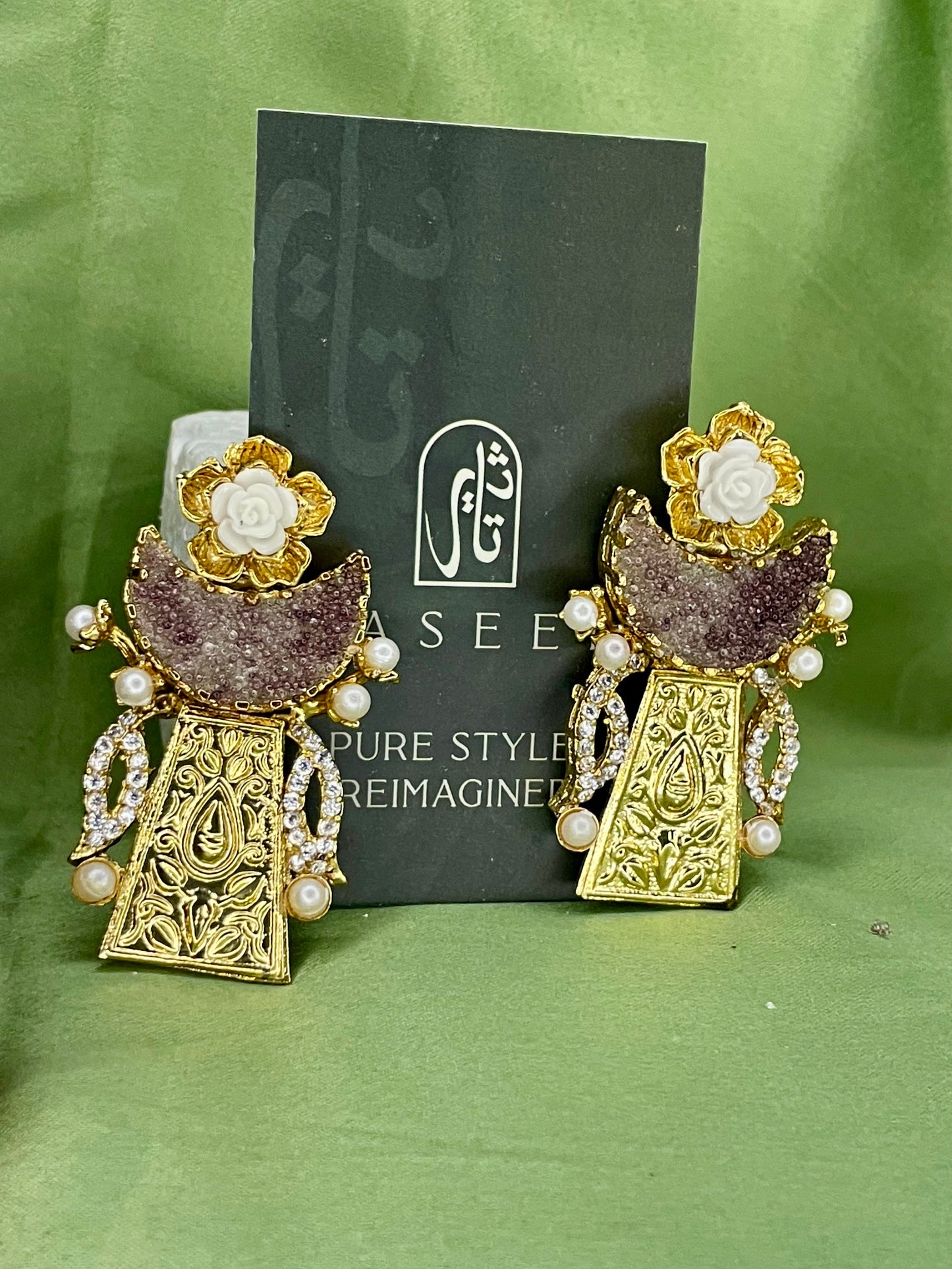 Earrings - Moon Crushed Stones - Egyptian Style - Brown
