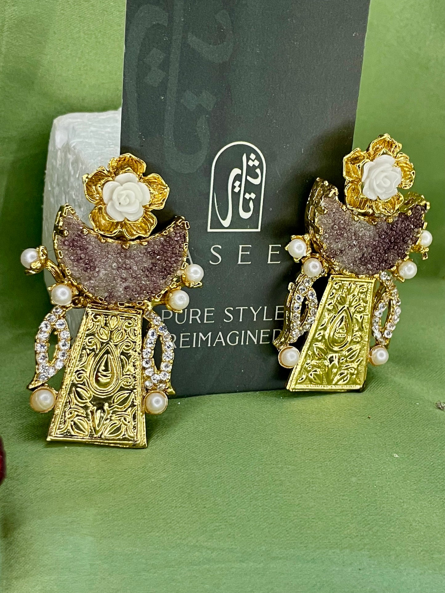 Earrings - Moon Crushed Stones - Egyptian Style - Brown