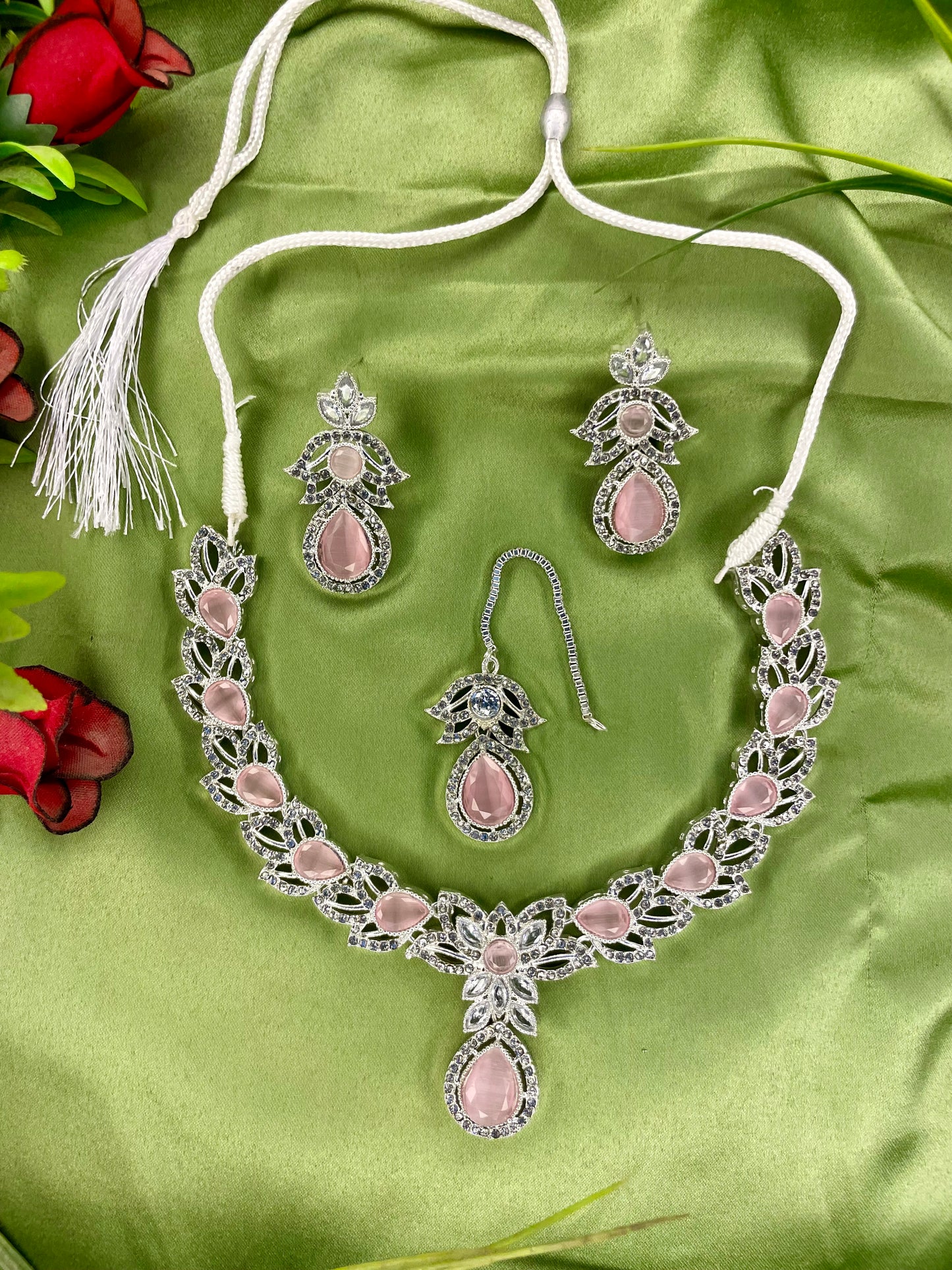 American Diamond Necklace Set - Kanti Set - Silver Pink