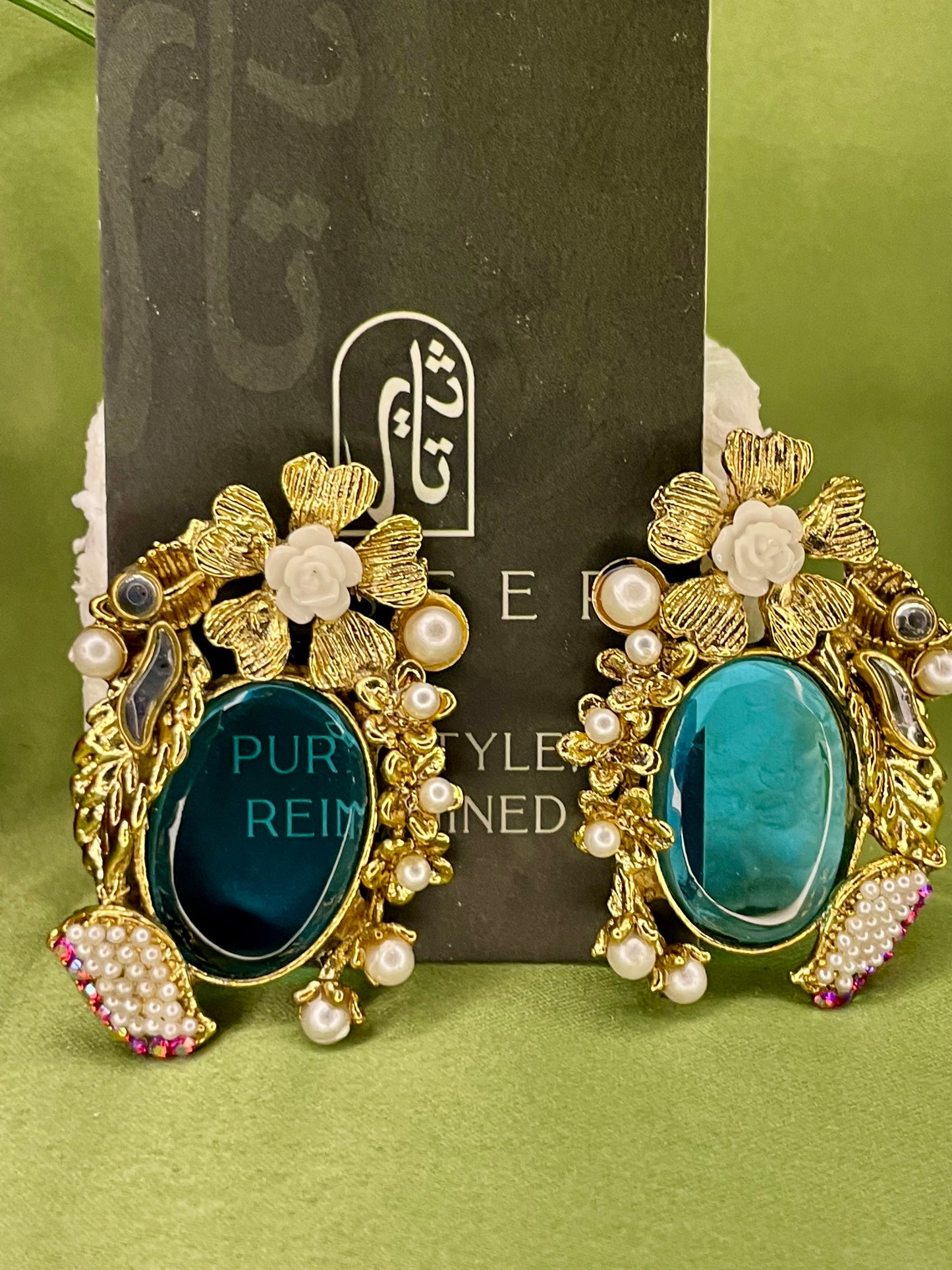 Earrings - Turkish Stones Ovl Floral Studs - Pale Blue