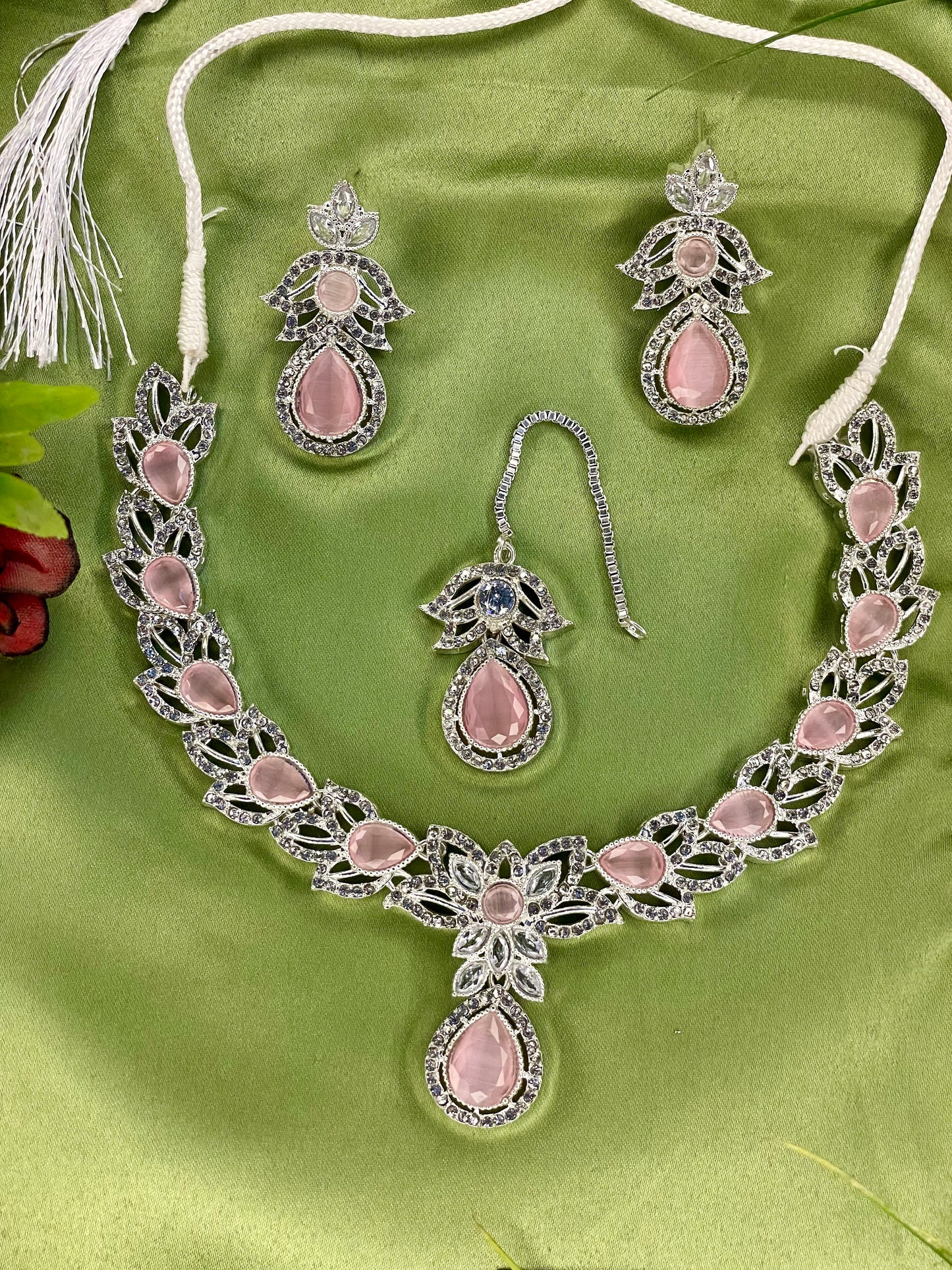 American Diamond Necklace Set - Kanti Set - Silver Pink