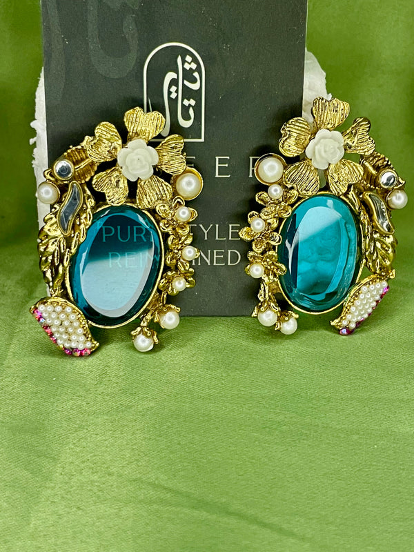 Earrings - Turkish Stones Ovl Floral Studs - Pale Blue