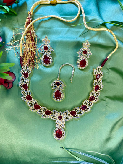 American Diamond Necklace Set - Kanti Set - Red