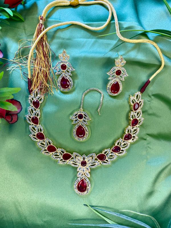 American Diamond Necklace Set - Kanti Set - Red