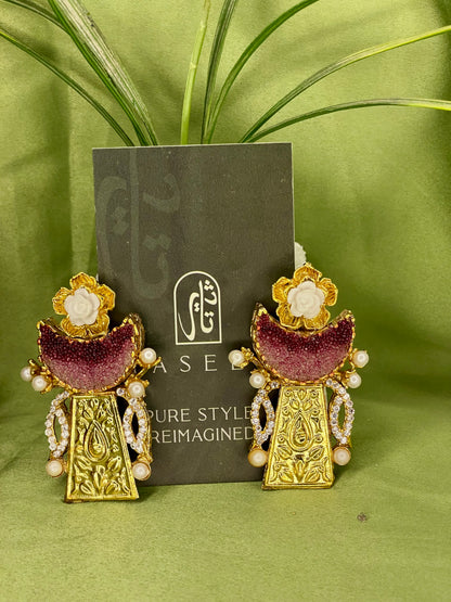 Earrings - Moon Crushed Stones - Egyptian Style - Purple