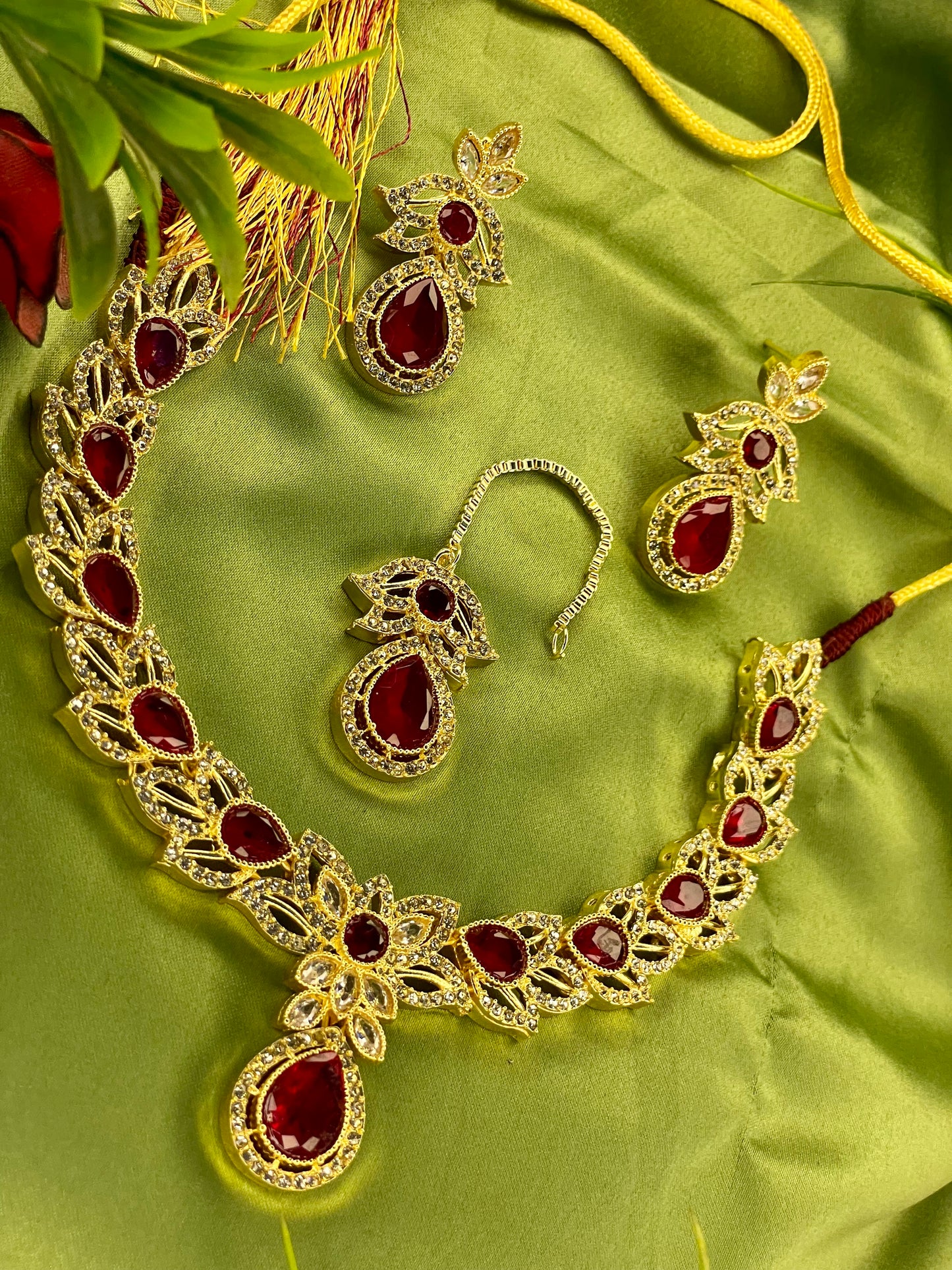 American Diamond Necklace Set - Kanti Set - Red
