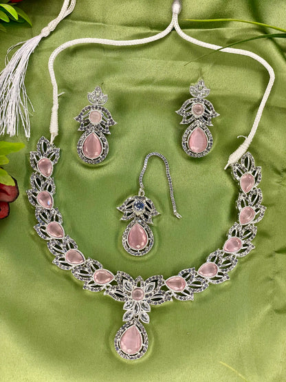 American Diamond Necklace Set - Kanti Set - Silver Pink