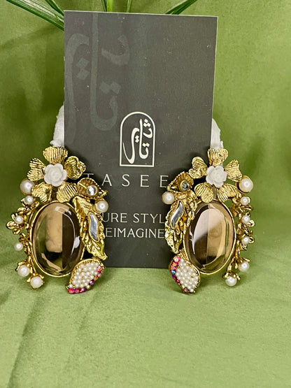 Earrings - Turkish Stones Ovl Floral Studs - Golden