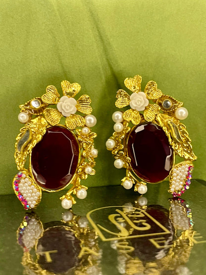 Earrings - Turkish Stones Ovl Floral Studs - Red Wine