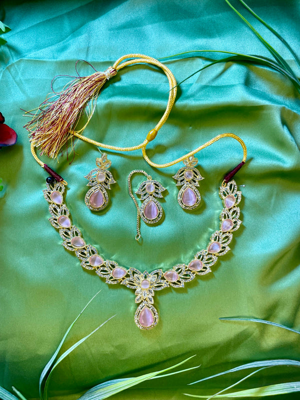 American Diamond Necklace Set - Kanti Set - Golden Pink
