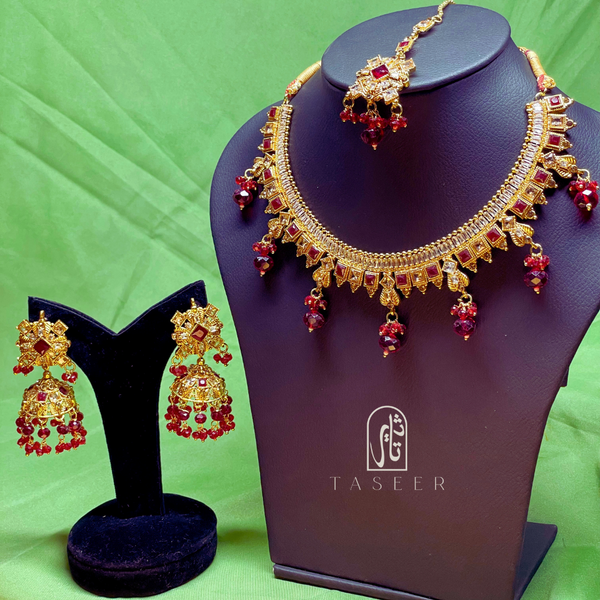 Kundan Necklace Set with Jhumka Earrings Red