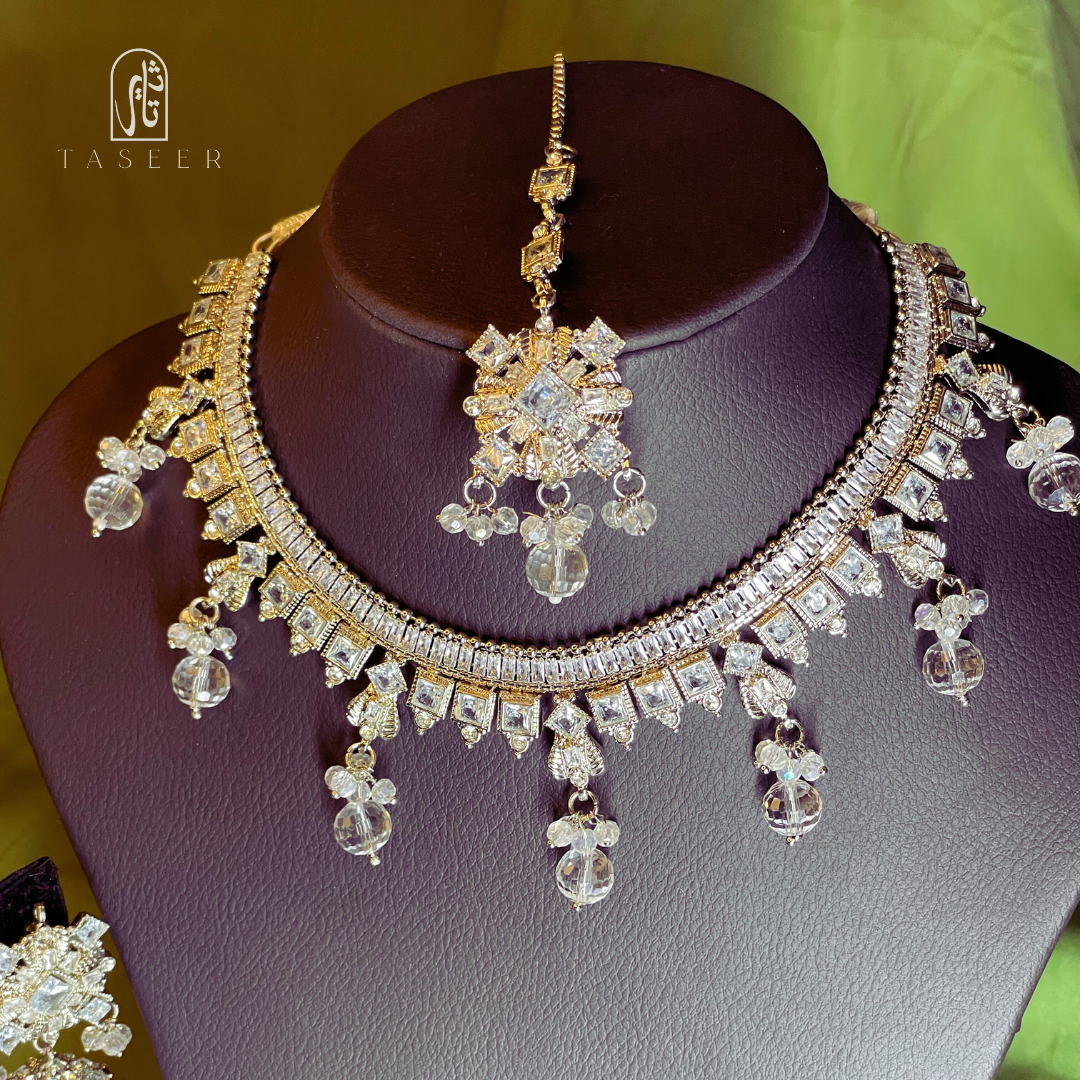 Kundan Necklace Set with Jhumka Earrings Silver