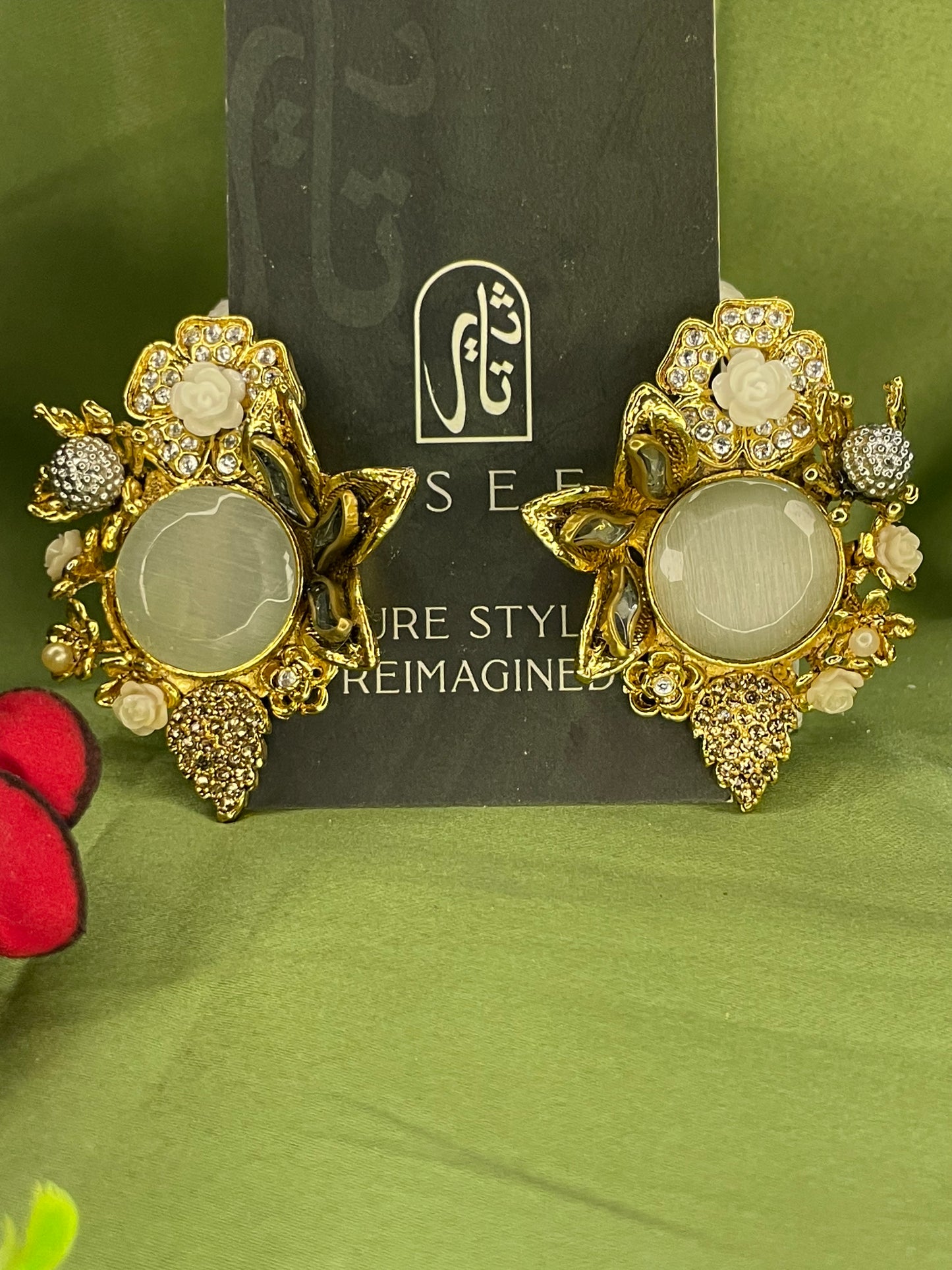 Earrings - Designer Semi Precious Stones Studs - Pearled