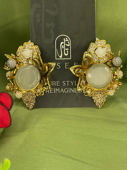 Earrings - Designer Semi Precious Stones Studs - Pearled