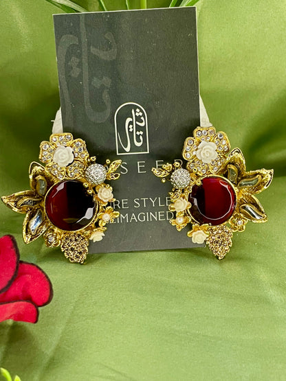 Earrings - Designer Semi Precious Stones Studs - Red