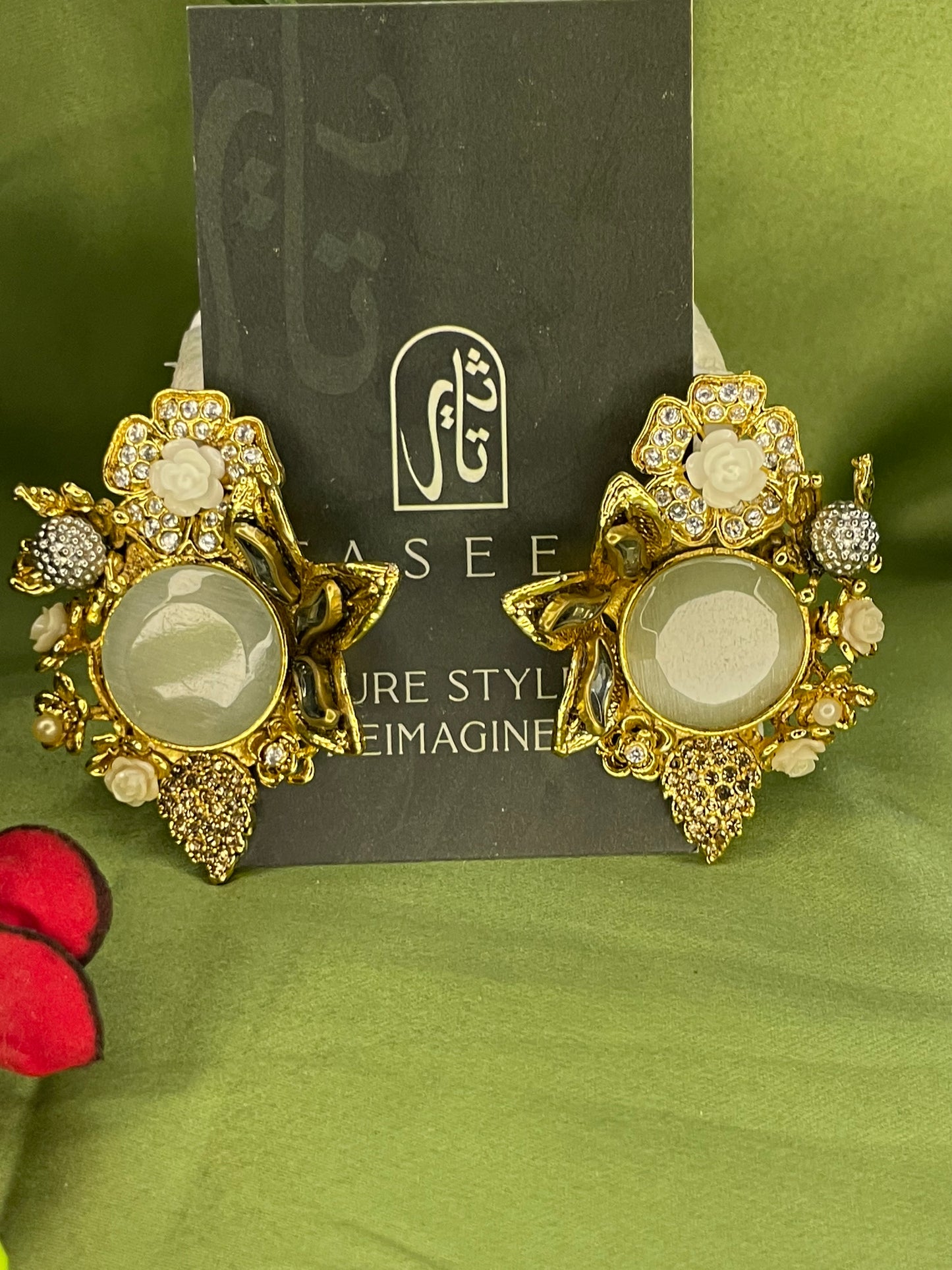 Earrings - Designer Semi Precious Stones Studs - Pearled