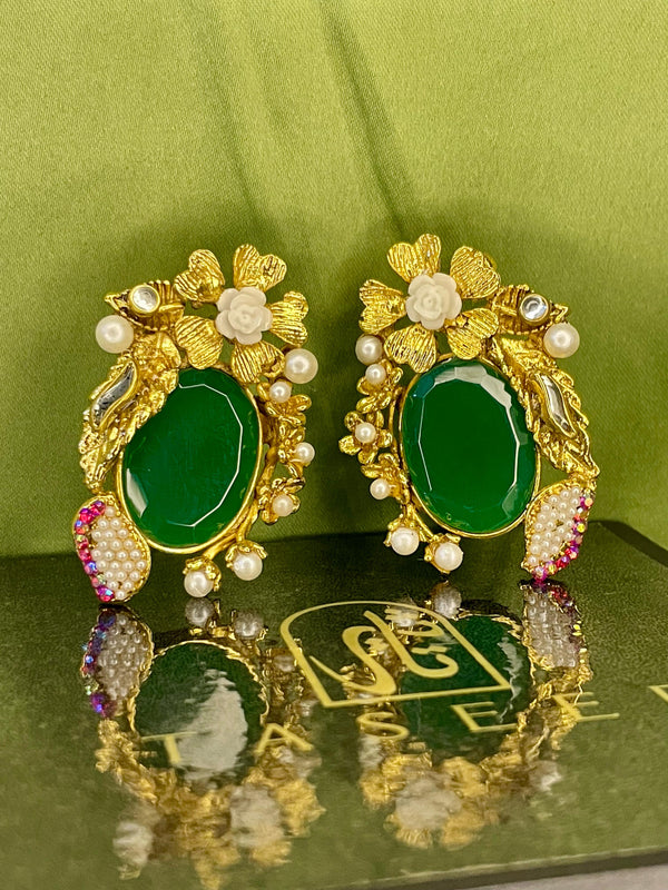 Earrings - Turkish Stones Ovl Floral Studs - Green