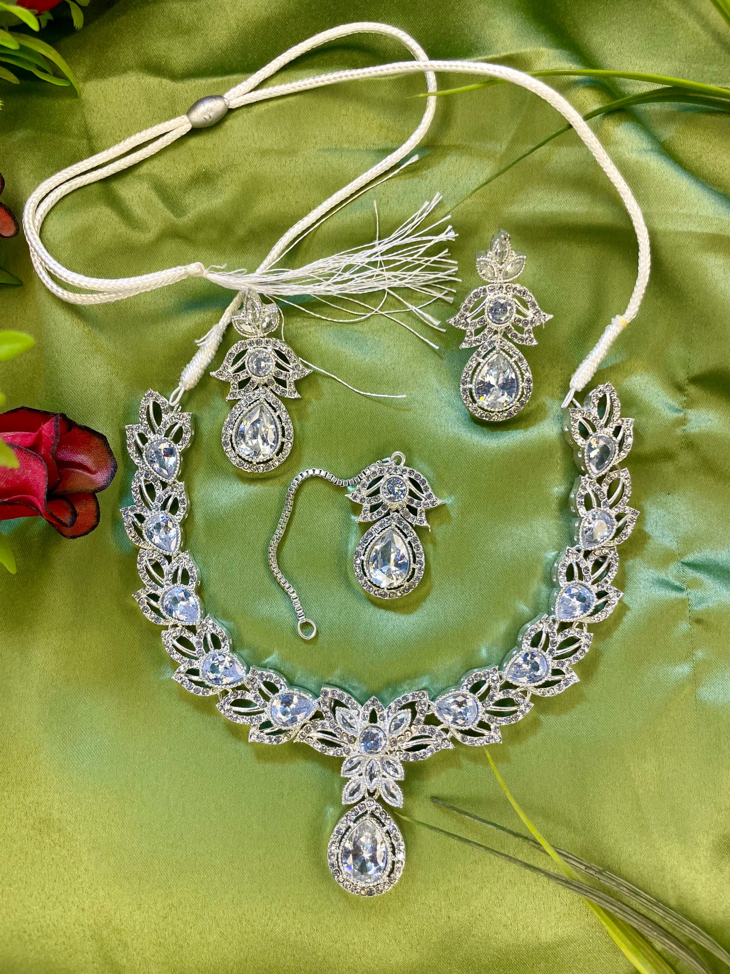 American Diamond Necklace Set - Kanti Set - Silver