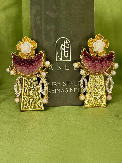 Earrings - Moon Crushed Stones - Egyptian Style - Purple