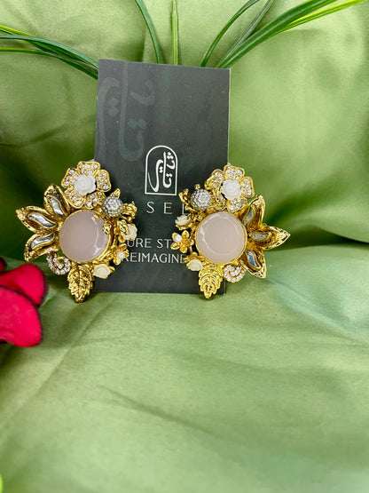 Earrings - Designer Semi Precious Stones Studs - Pink