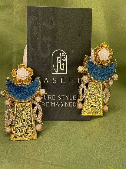 Earrings - Moon Crushed Stones - Egyptian Style - Pale Blue