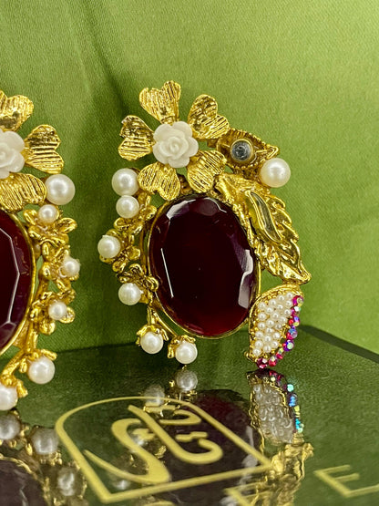 Earrings - Turkish Stones Ovl Floral Studs - Red Wine