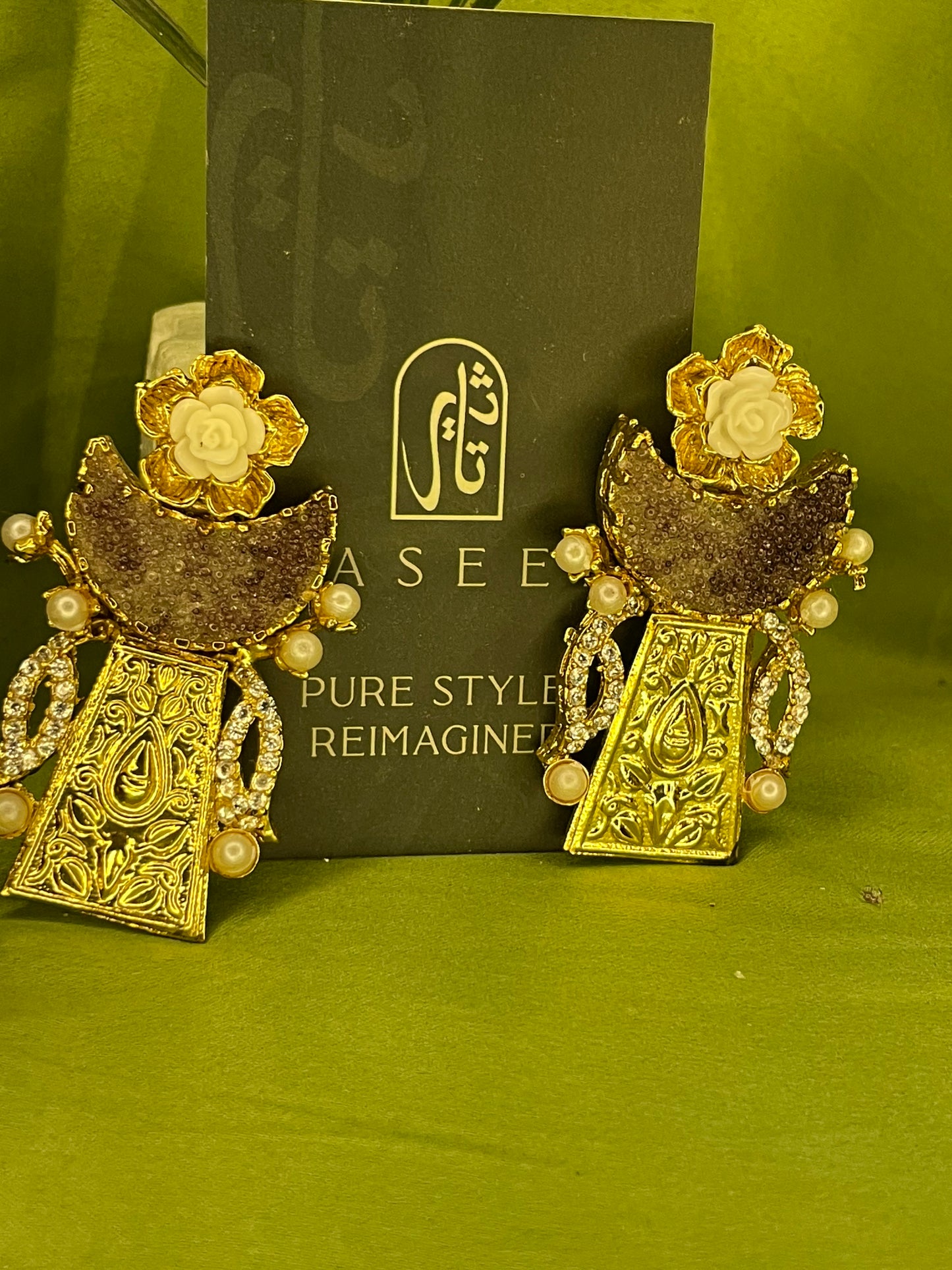 Earrings - Moon Crushed Stones - Egyptian Style - Brown