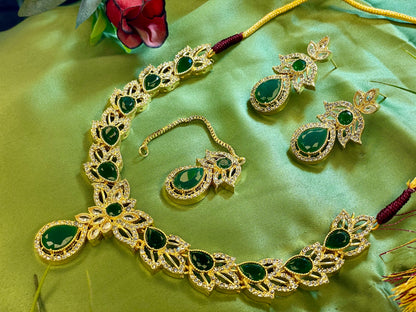 American Diamond Necklace Set - Kanti Set - Green