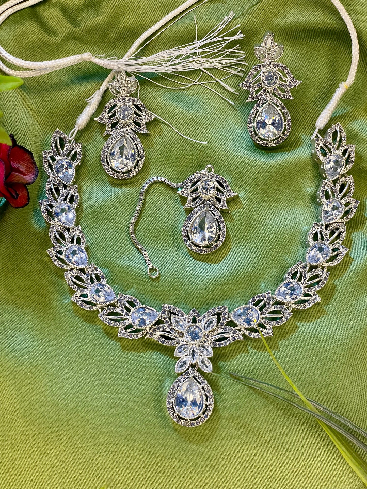 American Diamond Necklace Set - Kanti Set - Silver