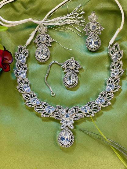 American Diamond Necklace Set - Kanti Set - Silver