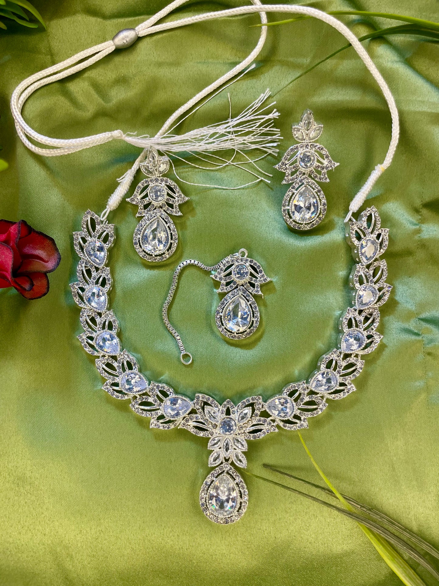 American Diamond Necklace Set - Kanti Set - Silver