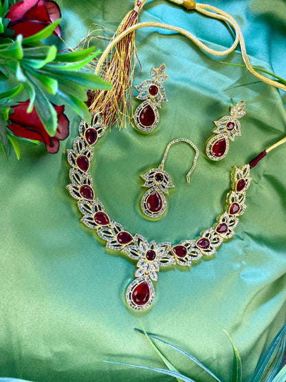 American Diamond Necklace Set - Kanti Set - Red