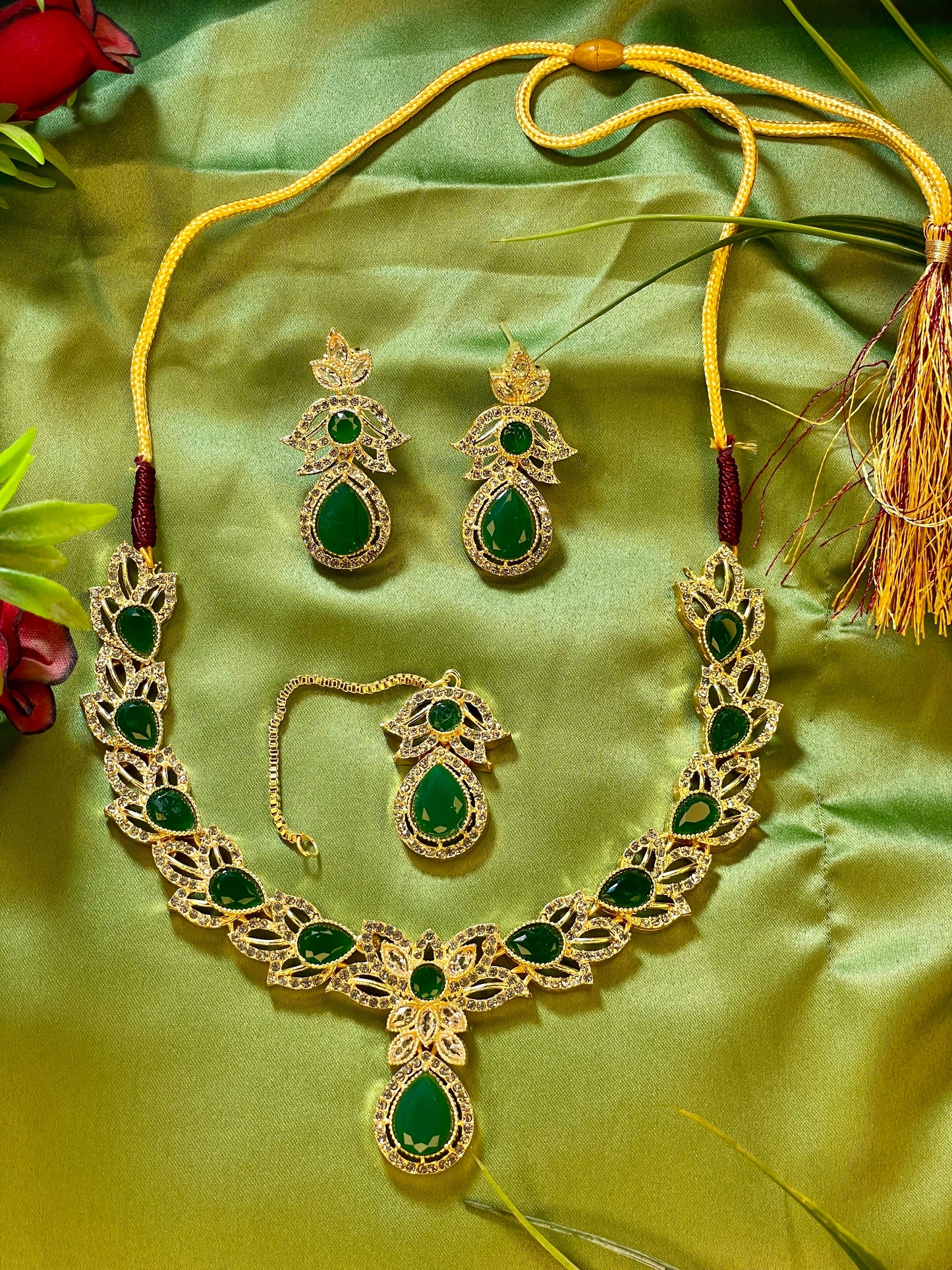 American Diamond Necklace Set - Kanti Set - Green