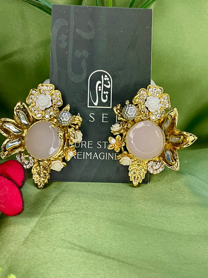 Earrings - Designer Semi Precious Stones Studs - Pink