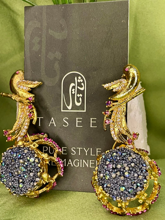 Earrings - Parrot Crushed Stones Long Earrings - Pale Blue